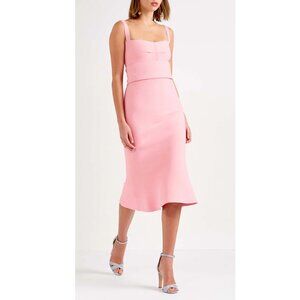 Scanlan Theodore Pink Crepe Knit Bralette Fit Flare Structured Belted Midi Dress